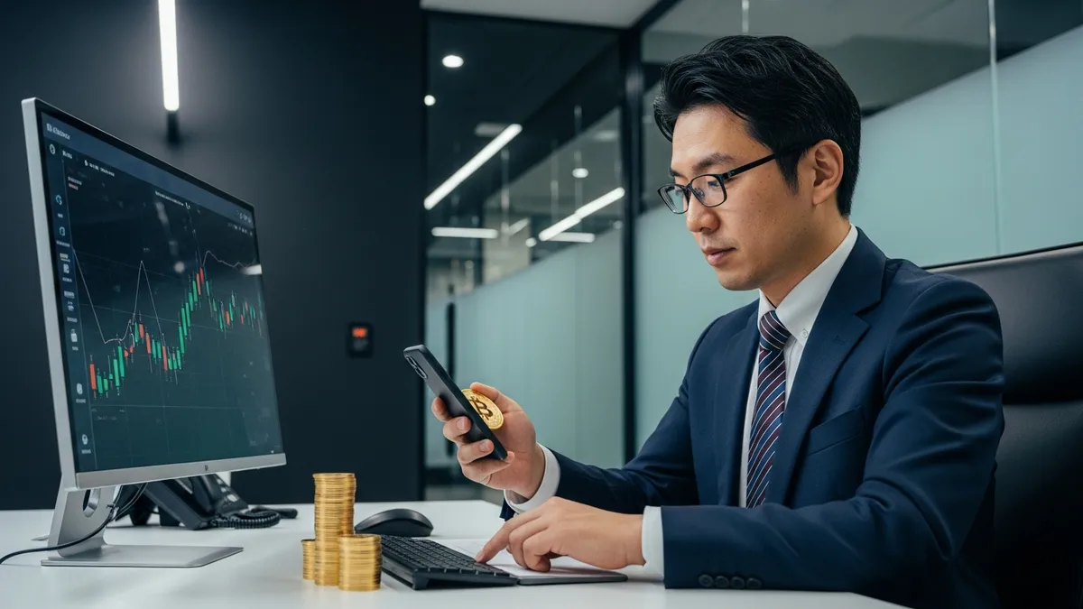 日本の未来へ！2026年、ホワイトラベル暗号取引所が変える投資の新潮流 - Japanese salaryman trading Bitcoin on his smartphone in a modern office - Japan