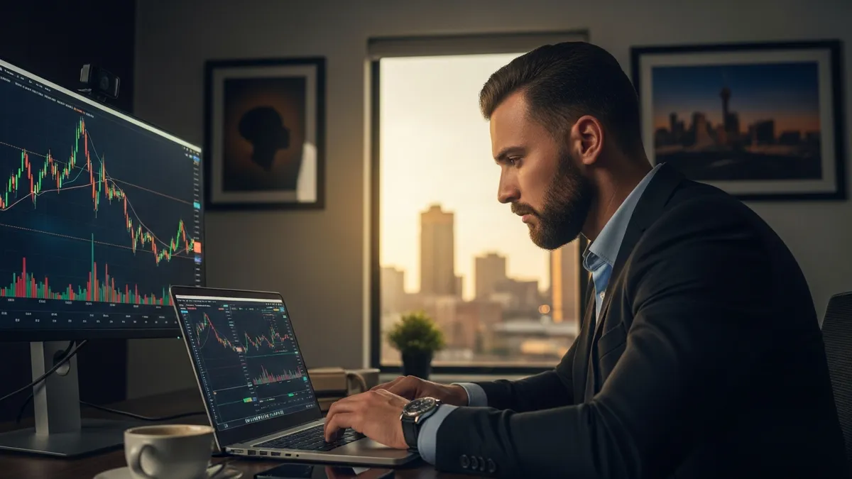 Crypto Arbitrage in South Africa: Your 2026 Profit Guide - Bitcoin trader in Johannesburg, South Africa, analyzing market data on a laptop - South Africa