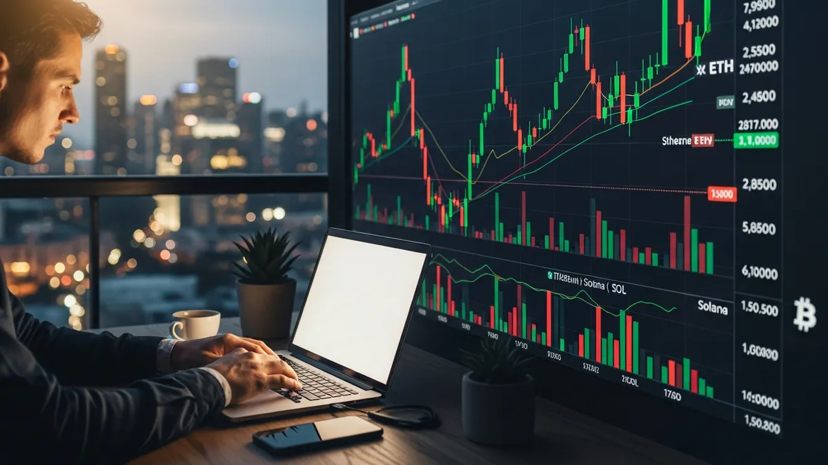 Crypto Arbitrage Trading in 2026: Your Ultimate Guide to Profit - Digital nomad working on a laptop with crypto charts in the background - Global