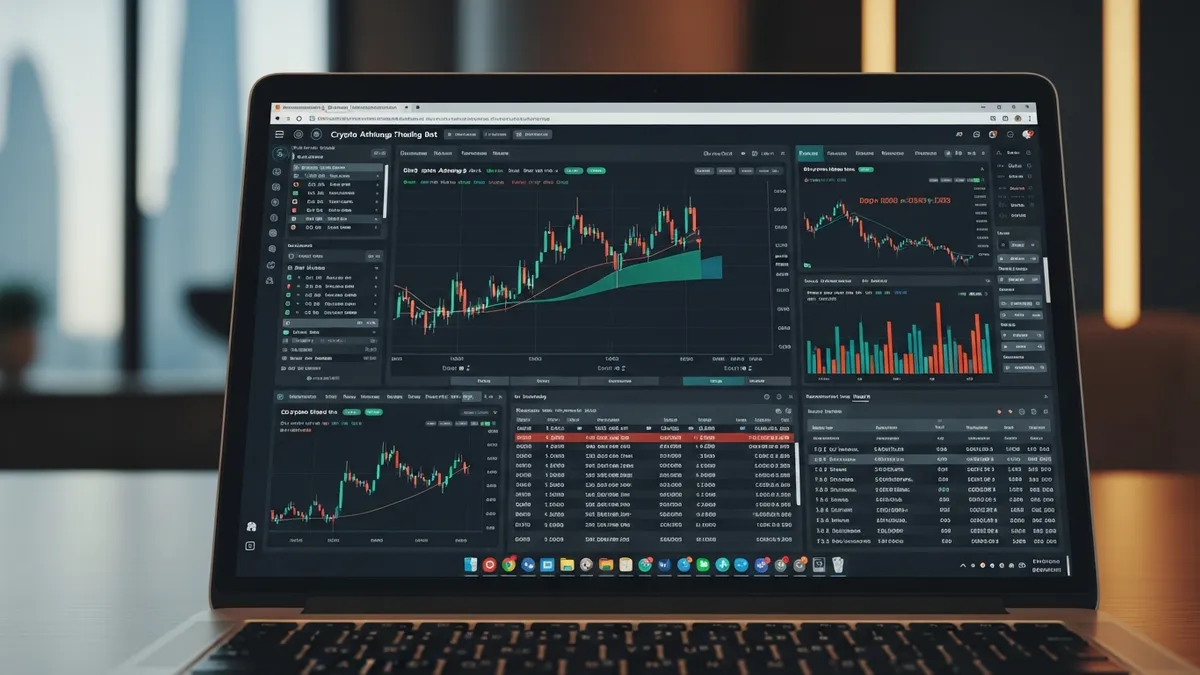 Crypto Arbitrage Trading in the UAE: Your 2026 Guide - Crypto arbitrage trading bot interface on a laptop in a Dubai office - United Arab Emirates