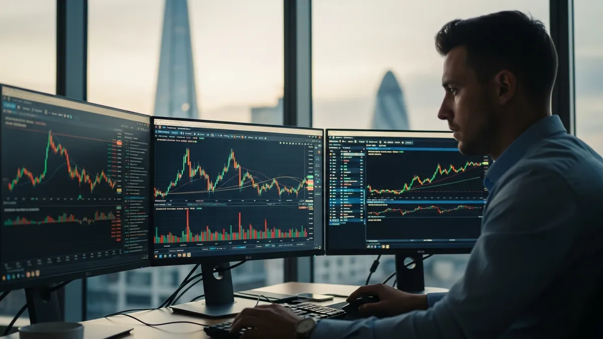 Crypto Arbitrage Trading UK: Your 2026 Profit Playbook - Bitcoin trader in London analyzing charts on multiple screens - United Kingdom