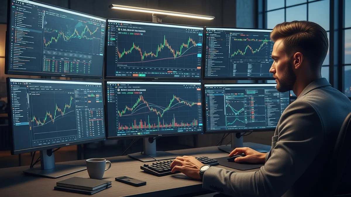 Crypto Arbitrage Trading: Your 2026 Guide to Low-Risk Profits in the US - A US-based crypto trader analyzing arbitrage opportunities on multiple screens in a modern office setting - United States