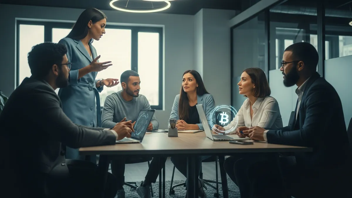 Crypto Exchange in Algeria 2026: Start, Challenges & Scaling - Group of Algerian entrepreneurs discussing blockchain technology in a modern office in Algiers - Algeria