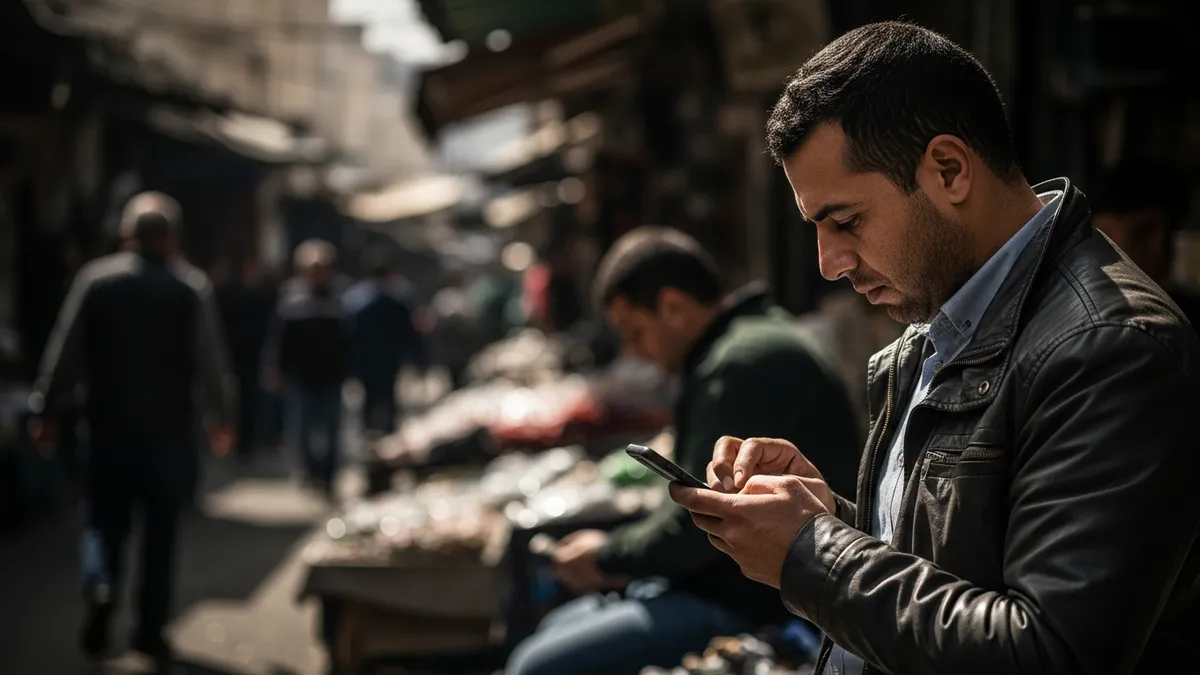 Crypto Exchange in Algeria 2026: Start, Challenges & Scaling - Algerian man using a smartphone to trade Bitcoin in Algiers marketplace - Algeria