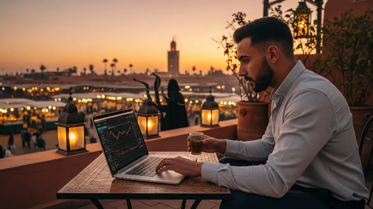 Crypto Exchange in Morocco 2026: Challenges & Scaling Secrets - Bitcoin trader in Marrakech using a laptop - Morocco