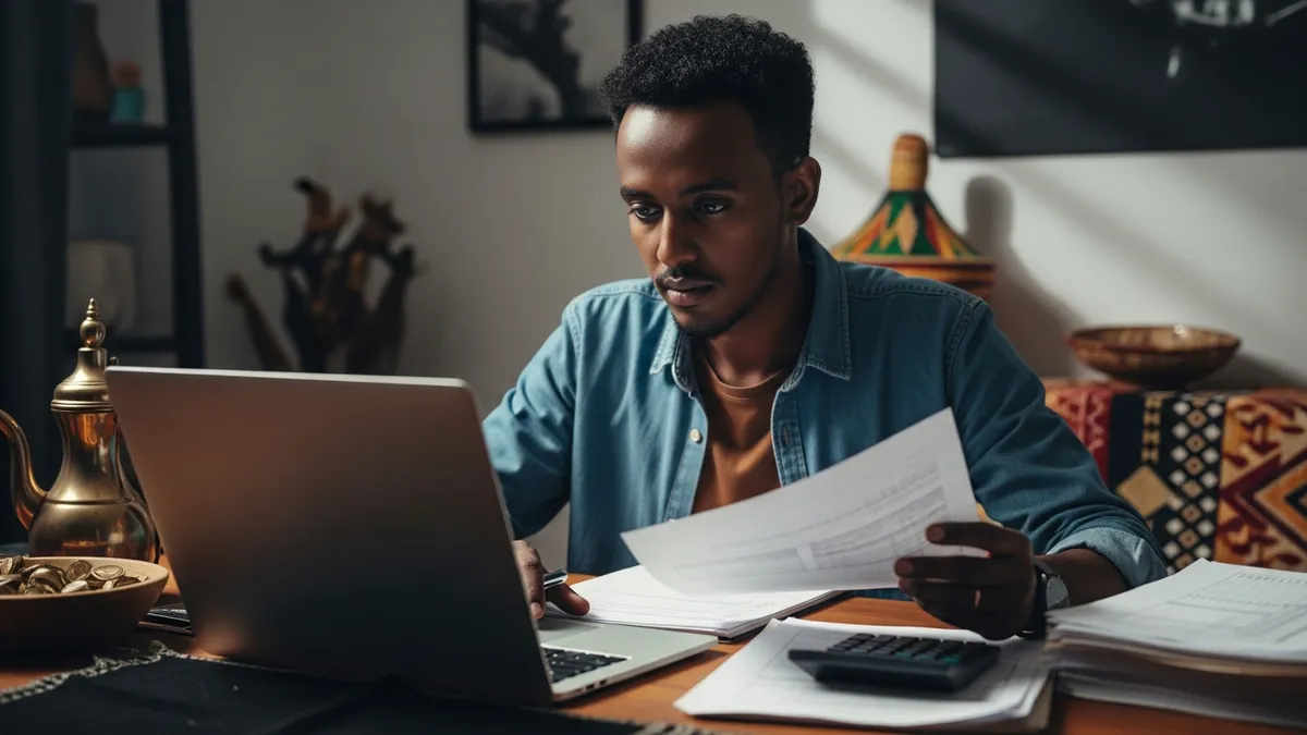 Crypto Tax Audit in Ethiopia: What You Need to Know for 2026 - Bitcoin trader in Addis Ababa reviewing tax documents on a laptop - Ethiopia