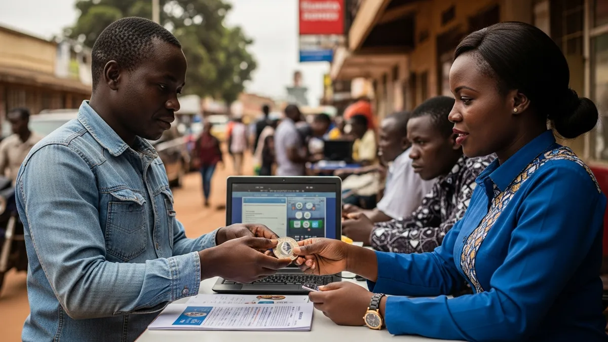 Crypto Tax Audit Uganda: Are You Ready for 2026? - Mobile money agent in Kampala assisting a customer with a crypto transaction. - Uganda