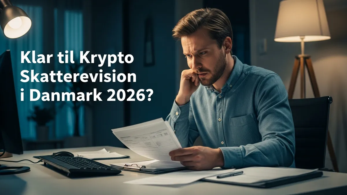 Klar til Krypto Skatterevision i Danmark 2026? - A worried Danish Bitcoin trader reviewing tax documents at a modern desk. - Denmark