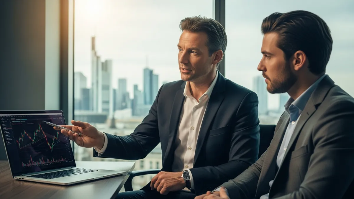Krypto Arbitrage 2026: Erfolgreich in Deutschland traden! - A German financial advisor explaining Krypto Arbitrage to a client in Frankfurt - Germany