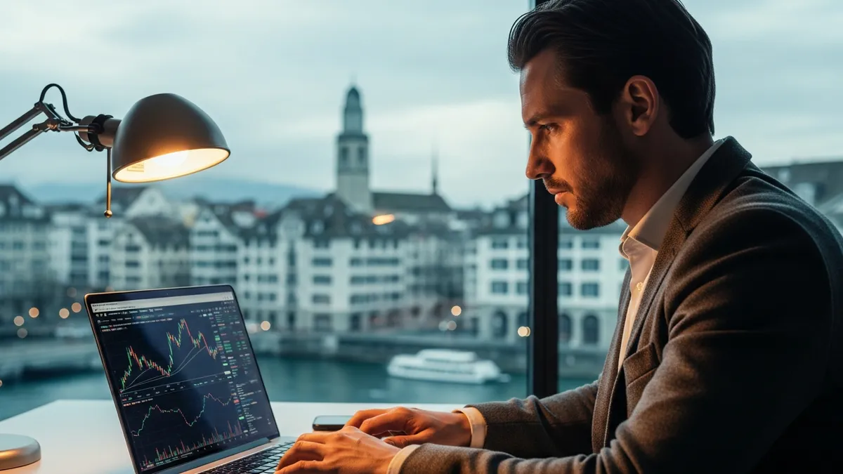 Krypto-Arbitrage in der Schweiz: Ihr Leitfaden für 2026 zur Gewinnmaximierung - Bitcoin trader in Zurich analyzing market data on a laptop - Switzerland