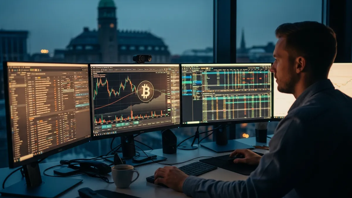 Krypto Arbitrage Trading i Danmark 2026: Tjen på Prisforskelle! - Bitcoin trader in Copenhagen analyzing arbitrage opportunities on multiple screens. - Denmark