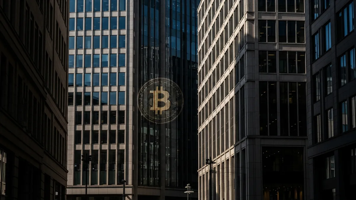 Krypto Börs Starta i Sverige 2026: Din Guide till Utmaningar & Skalning - A modern office building in Stockholm with a Bitcoin logo subtly displayed in the background - Sweden