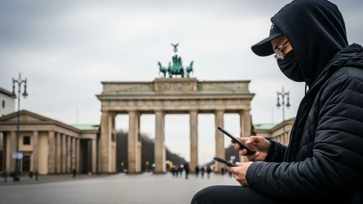Krypto-Börse 2026 starten in Deutschland: So geht's! - Bitcoin trader in Berlin with the Brandenburger Tor in the background - Germany