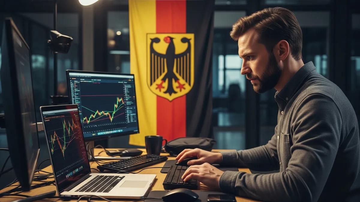Krypto Steuerprüfung 2026: Was deutsche Krypto-Investoren jetzt wissen müssen! - Bitcoin trader in Frankfurt analyzing charts on a laptop, with a German flag visible in the background. - Germany
