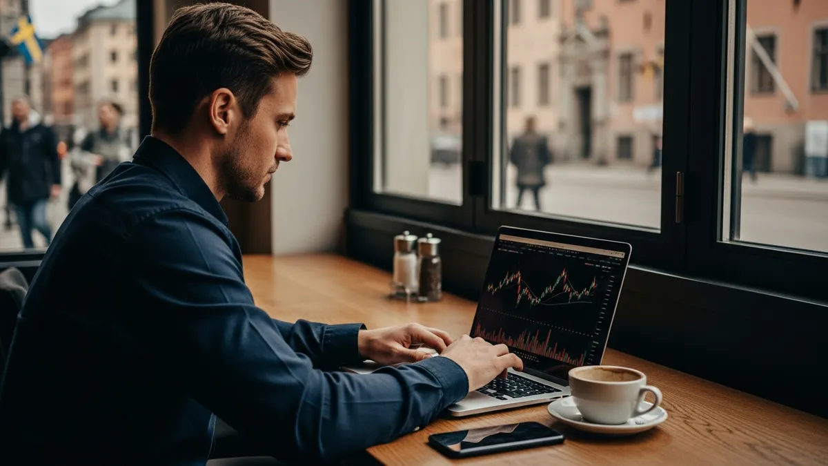 Kryptoskattrevision 2026: Den Ultimata Guiden för Svenskar - Bitcoin trader in Stockholm with laptop - Sweden