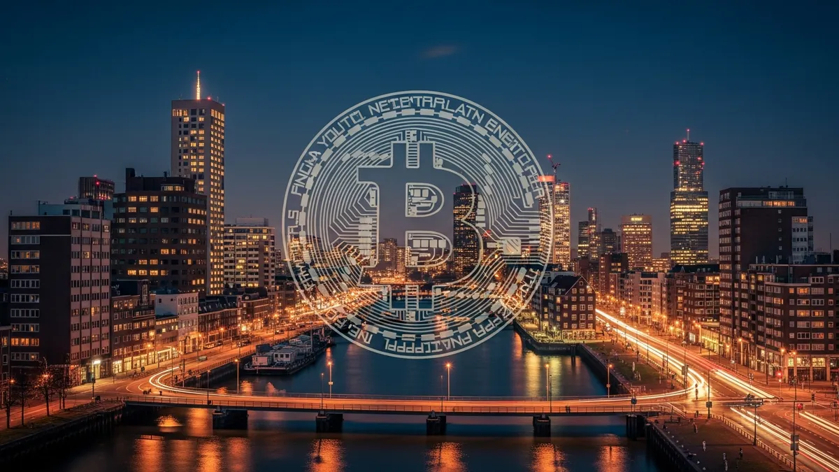 Lanceer uw Crypto Exchange in Nederland: De Ultieme White Label Gids voor 2026 - Skyline of Rotterdam at night with Bitcoin symbol overlay - Netherlands