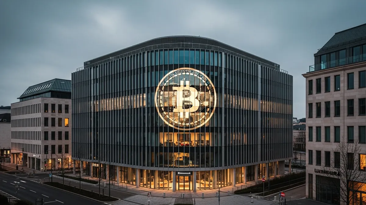 Lancez Votre Propre Bourse Crypto au Luxembourg en 2026: La Solution White Label - Modern office building in Luxembourg city with Bitcoin logo overlay - Luxembourg