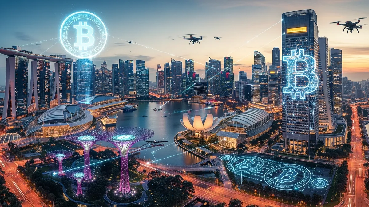 Launch a Crypto Exchange in Singapore 2026: Challenges & Scaling - Futuristic cityscape of Singapore with Bitcoin symbols overlaid - Singapore