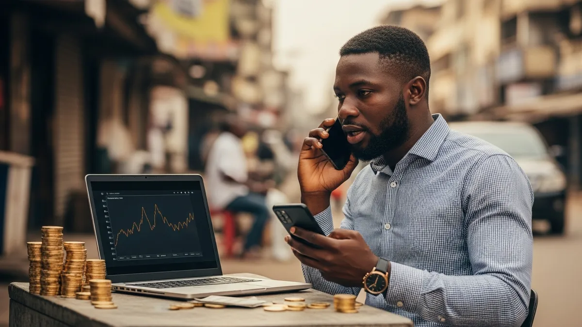 Launch Your Own Crypto Exchange in Nigeria: The 2026 White Label Guide - Bitcoin trader in Lagos discussing market trends on his mobile phone - Nigeria