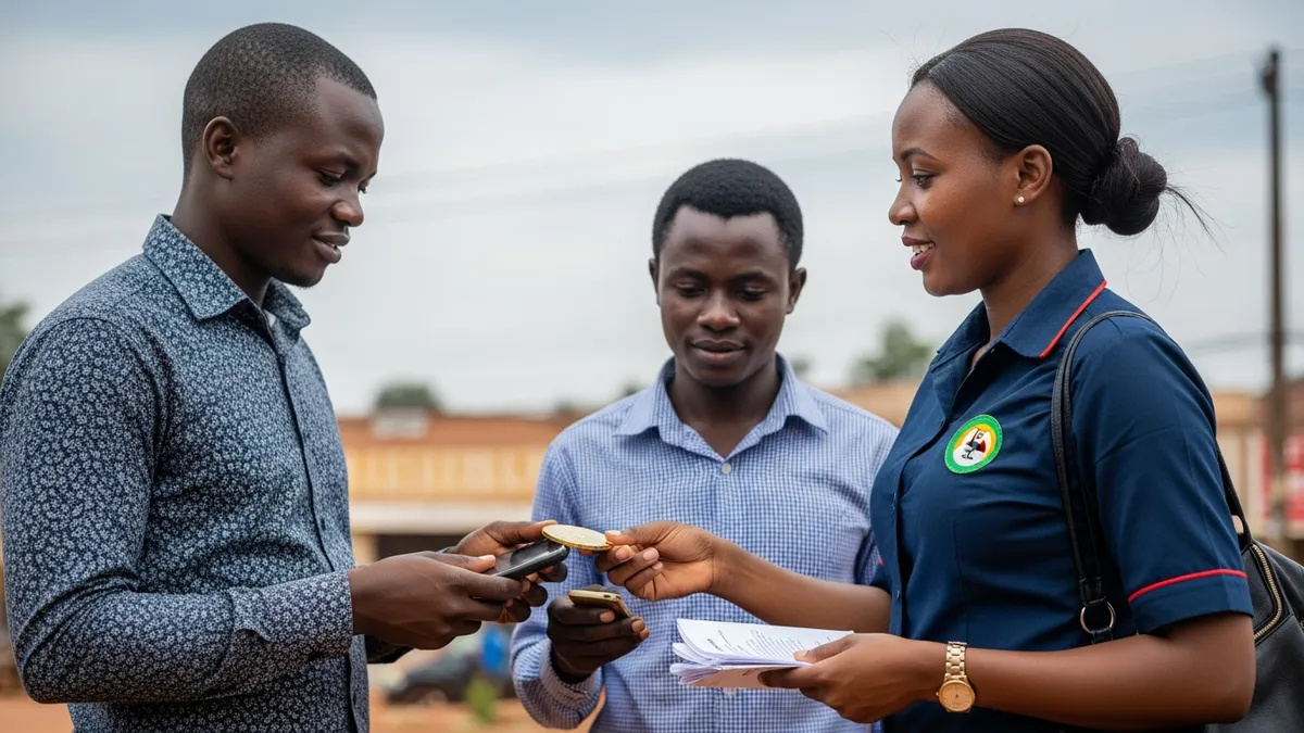 Launch Your Own Crypto Exchange in Uganda: The 2026 White Label Guide - Mobile money agent in Kampala assisting a customer with a crypto transaction - Uganda