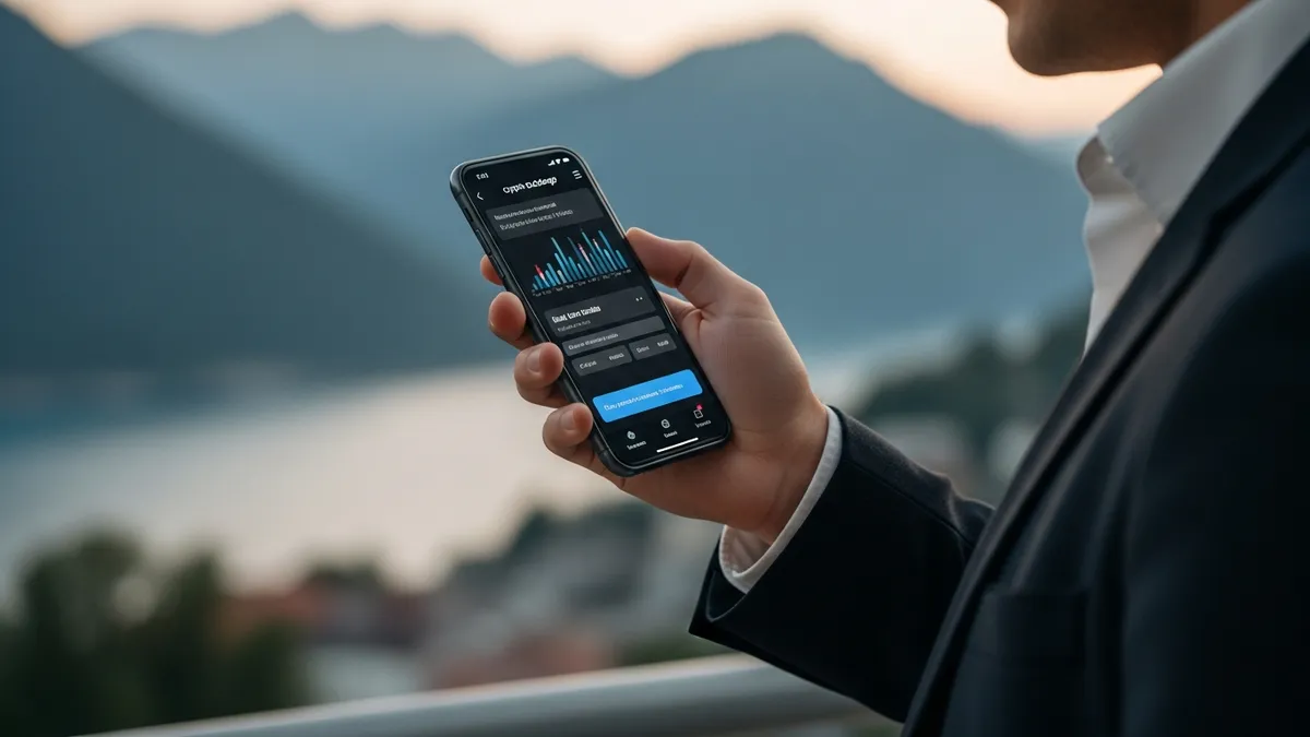 Schweizer Krypto-Börsen-Boom 2026: Starten, Überleben & Skalieren - A happy Swiss investor using a crypto exchange app on their phone - Switzerland