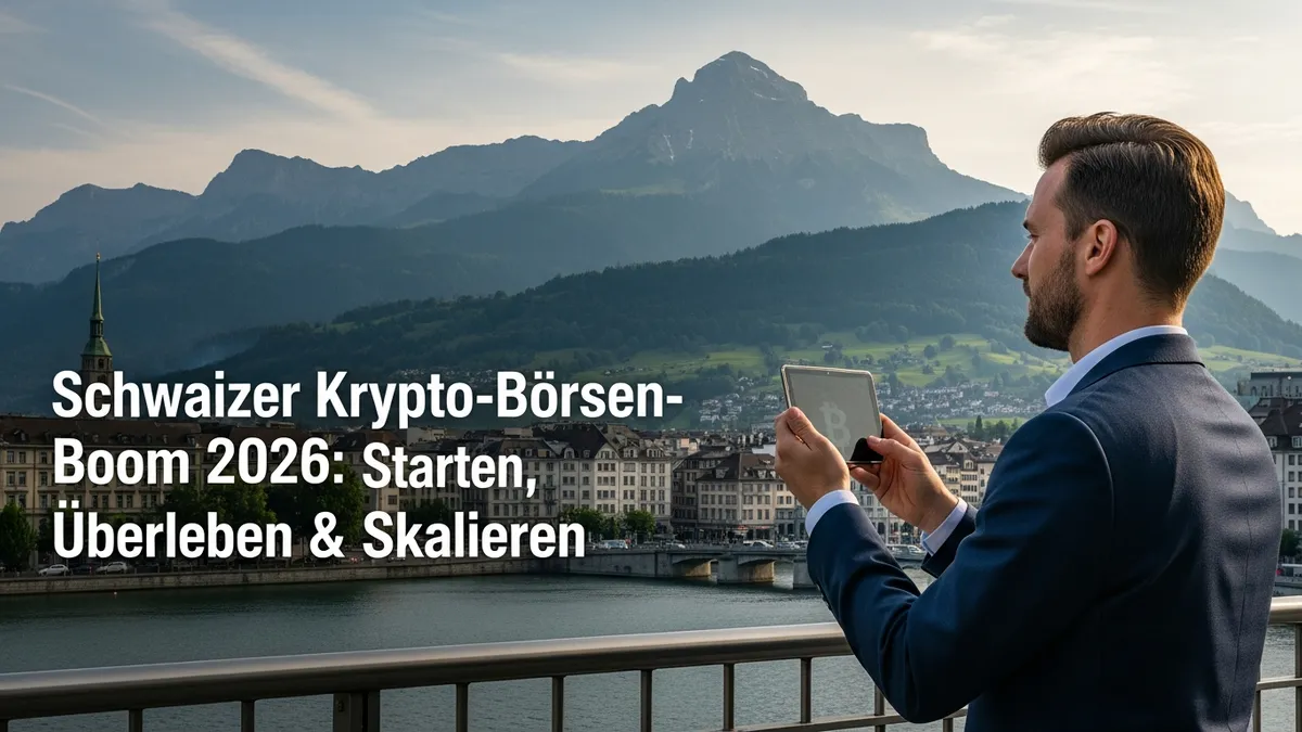 Schweizer Krypto-Börsen-Boom 2026: Starten, Überleben & Skalieren - Bitcoin trader in Zürich with Swiss Alps in the background - Switzerland