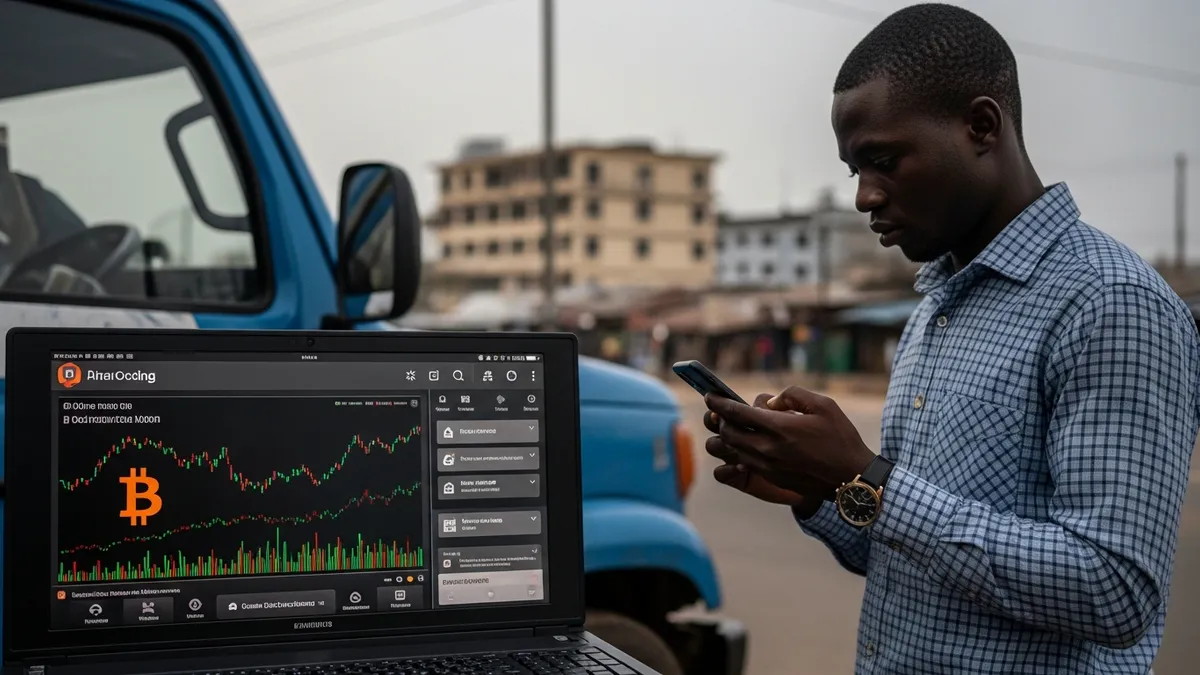 Start a Crypto Exchange in Ghana 2026: Guide, Challenges & Scaling - Bitcoin trader in Accra using a mobile phone to check prices - Ghana