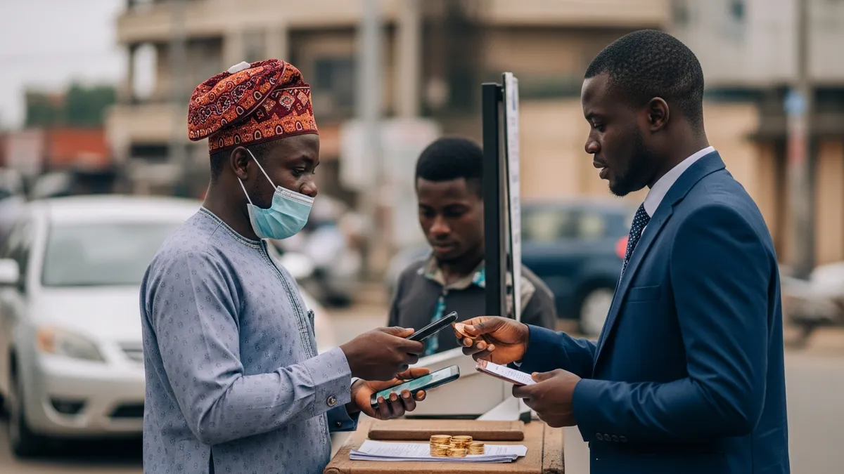 Start a Crypto Exchange in Nigeria 2026: Guide, Challenges & Tips - Mobile money agent in Lagos, Nigeria, assisting a customer with a crypto transaction - Nigeria