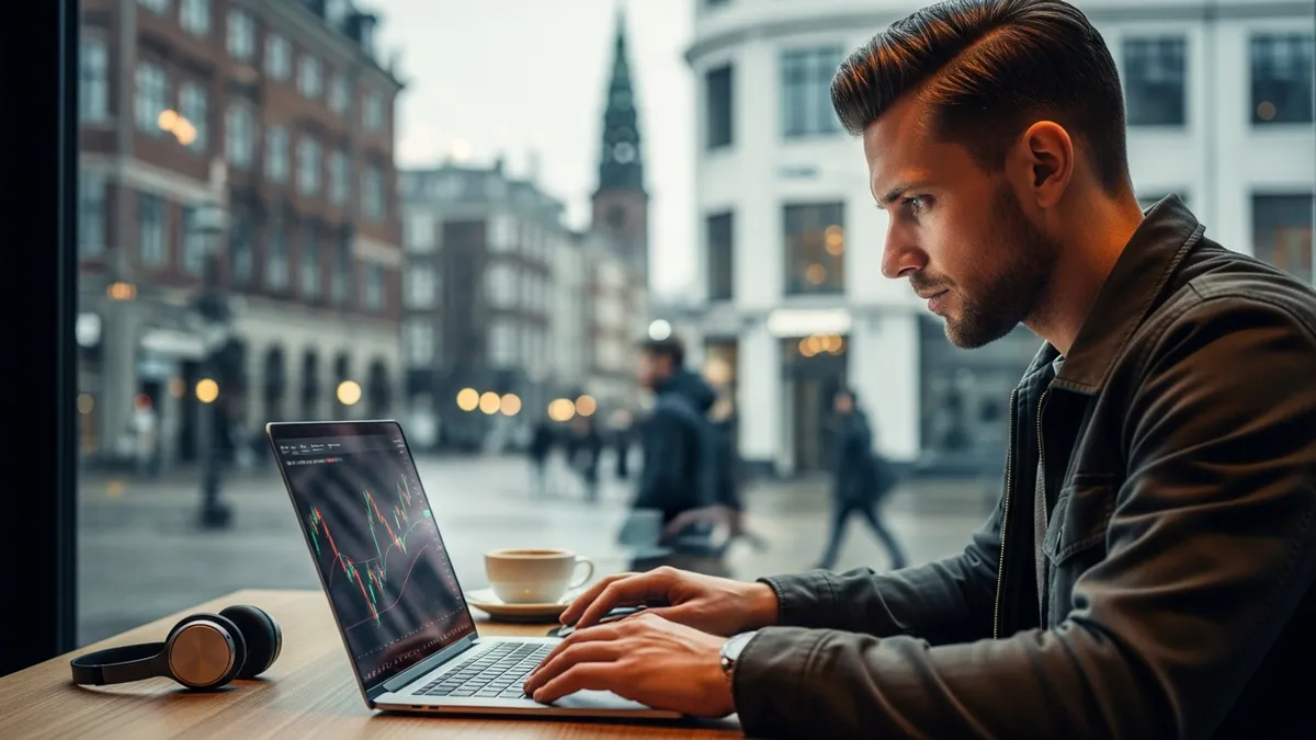 Start Din Egen Kryptobørs i Danmark i 2026 - Bitcoin trader in Copenhagen, Denmark, using a laptop - Denmark