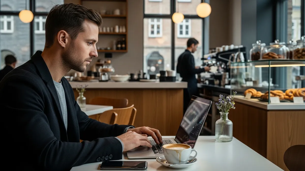 Start en Krypto Børs i Danmark 2026: Overvind Udfordringer & Skaler for Succes! - Bitcoin trader in Copenhagen cafe - Denmark