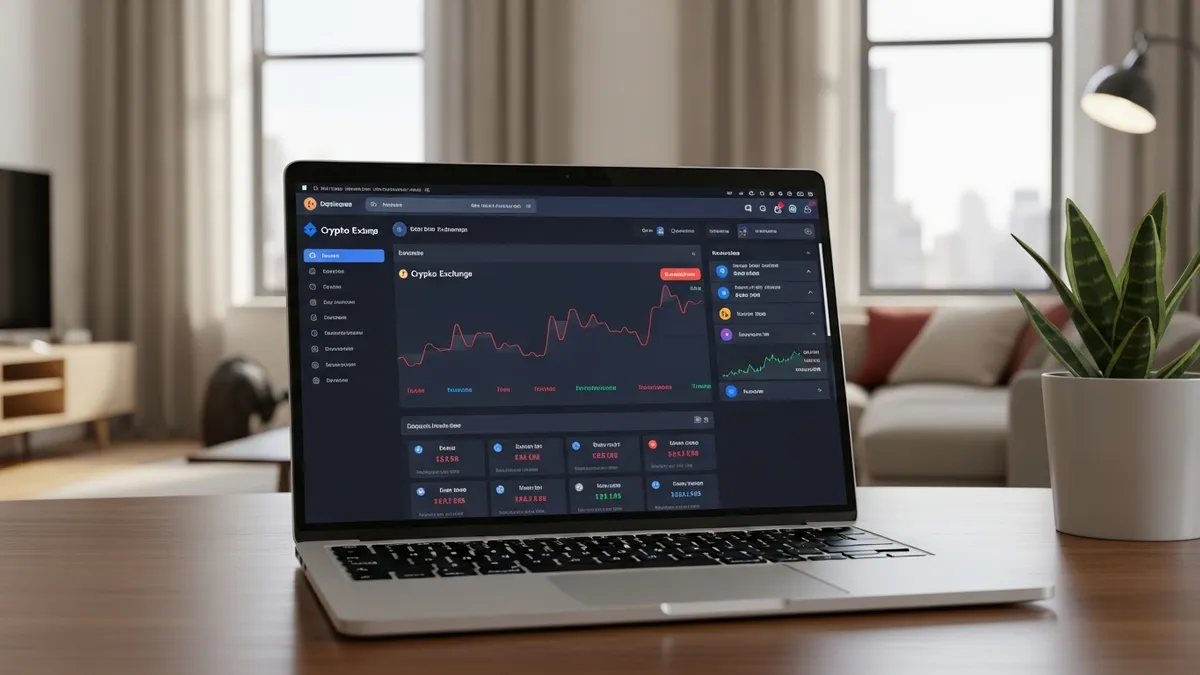 Start Your Crypto Exchange in 2026: The Ultimate US Guide - Crypto exchange platform interface on a laptop in a modern New York apartment - United States