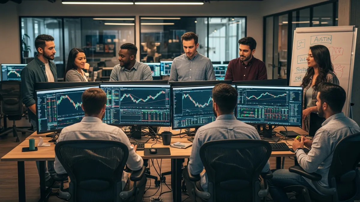 Start Your Crypto Exchange in 2026: The Ultimate US Guide - A diverse group of crypto traders collaborating in a co-working space in Austin, Texas - United States