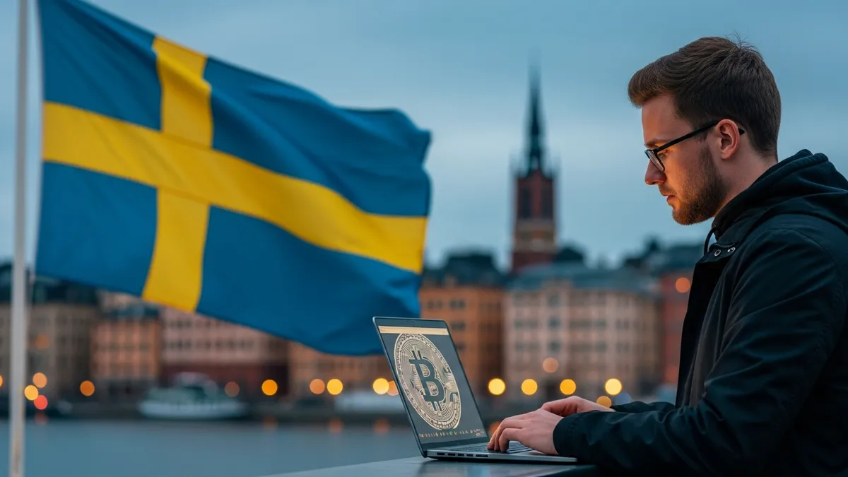 Starta Din Egen Kryptobörs i Sverige: Guiden till White Label-lösningar 2026 - Bitcoin trader in Stockholm with a Swedish flag in the background - Sweden