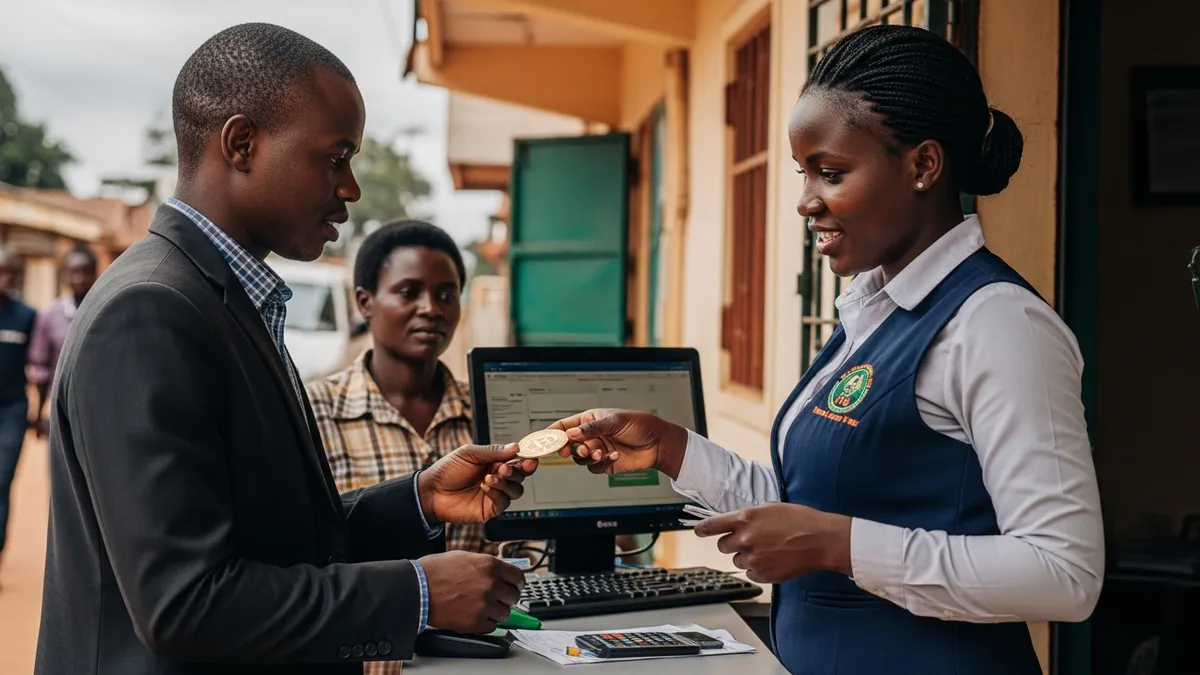 Starting a Crypto Exchange in Uganda 2026: Challenges & Scaling Guide - Mobile money agent in Kampala assisting a customer with cryptocurrency - Uganda