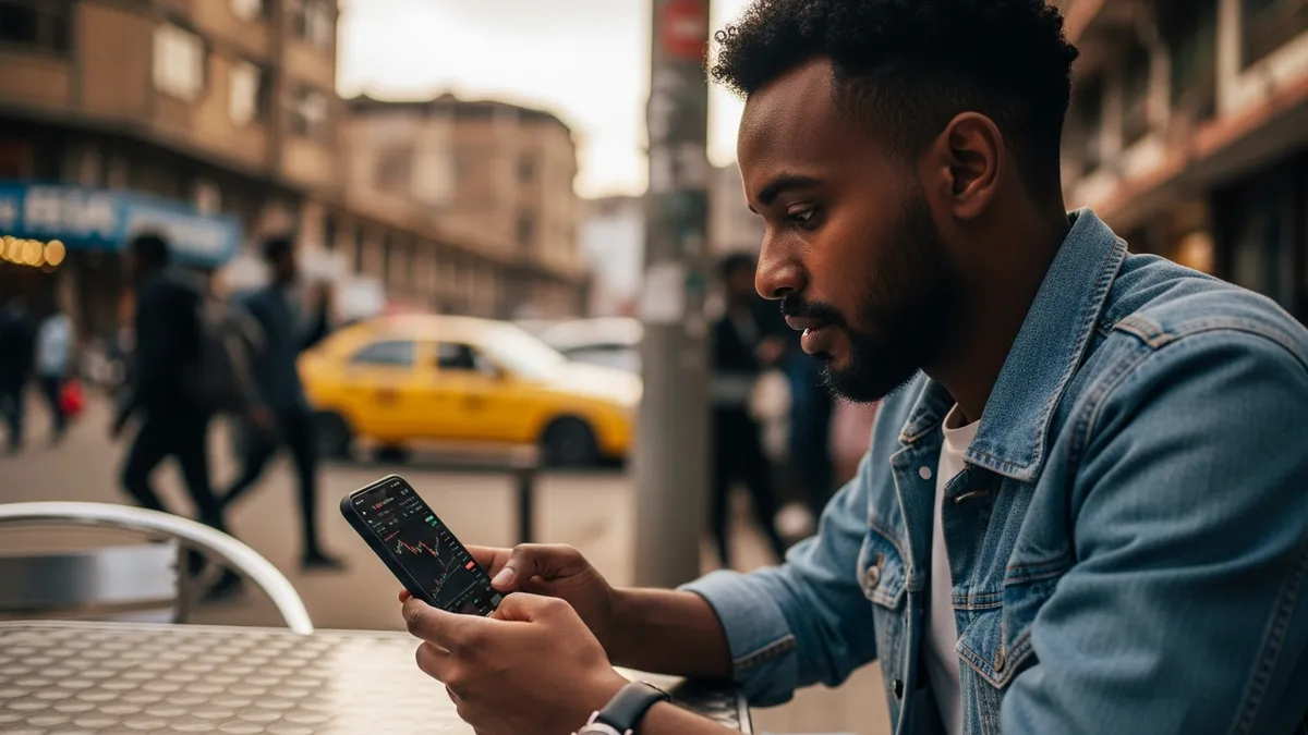 Unlock Profit: Crypto Arbitrage Trading in Ethiopia (2026) - Bitcoin trader in Addis Ababa using a smartphone - Ethiopia
