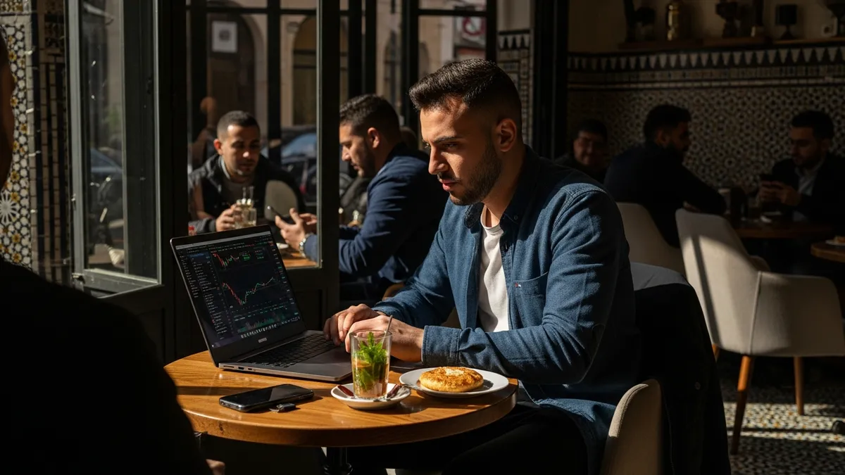 White Label Crypto Exchange في الجزائر 2026: طريقك السريع نحو العملة الرقمية؟ - Bitcoin trader in Algiers coffee shop - Algeria