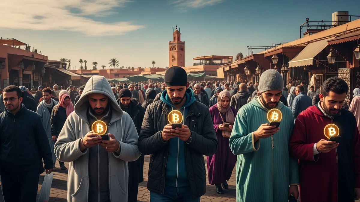 White Label Crypto Exchange in Morocco 2026: Your Fast Track to Digital Currency Success! - A bustling marketplace in Marrakech with people discussing Bitcoin on their phones - Morocco